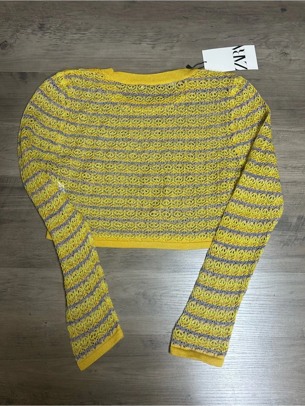 Zara Yellow and Blue Striped Cropped Open-Knit Sweater